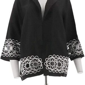 Bob Mackie Floral 3/4 Lgth Embroidered Cut-Out Linen Jacket Black L NEW A290593